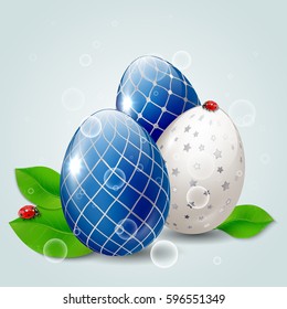 Easter eggs with green leaves and ladybugs