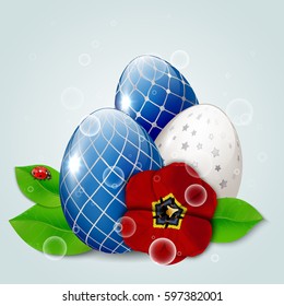 Easter eggs with green leaves, tulip and ladybugs