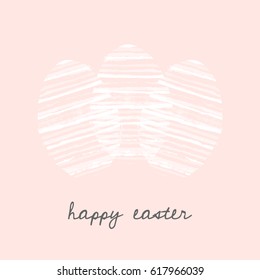 Easter eggs greeting card template with hand drawn white stripes and text Happy Easter on pastel pink background.