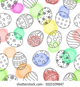 Easter eggs hand drawn black with ornaments and watercolor dots on white background