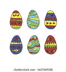 Easter eggs hand drawn colorful on white background. Decorative doodle elements for your design. Happy Easter eggs with red, blue, green, yellow cute simple floral ornaments for card, greeting, banner