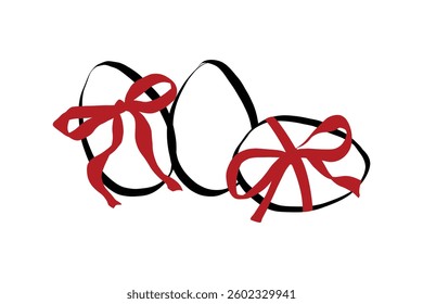 Easter eggs in hand drawn coquette style. Cute design element with ribbon and bow in simple crayon and sketch. Trendy art for menu and banner for holidays. Doodle vector illustration