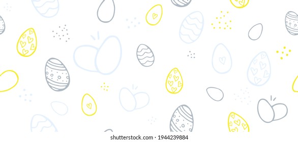 Easter eggs hand drawn cute doodles seamless pattern. Colorful eggs on white, easter background with ornate eggs. For print on fabric, paper for scrapbooking, gift wrap and wallpapers.