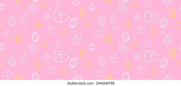 Huevos de Pascua dibujados a mano adorables doodles sin costura. Huevos coloridos sobre fondo rosa y de Pascua con huevos ornamentados. Para imprimir sobre tela, papel para guardar sobras, envoltura de regalo y papel pintado.