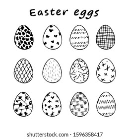 Easter eggs Hand drawn decorative elements in vector for coloring. Black and white. Set of easter eggs with textural patterns.