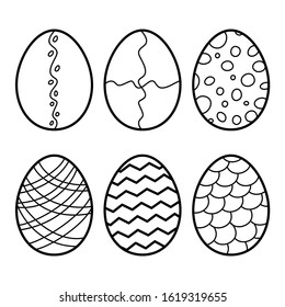 Easter eggs. Hand drawn decorative egg set elements in vector for coloring book. Black and white.