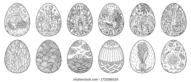 Easter eggs Hand drawn decorative elements in vector for coloring book. Black and white decorative elements.