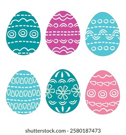 Easter eggs with hand drawn ethnic ornamets. Blue, pink, lilac colors elements and linear pattern. Vector design set isolated on white. Decor for cards, posters, banners. Flat color illustration.