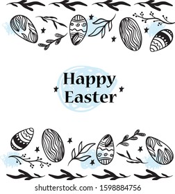 Easter eggs hand drawn illustration black on white background. Horizontal composition 
