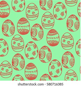 Easter eggs Hand drawn red decorative elements in vector. Seamless pattern on a green background, can be used for wallpaper, web page,fabric, surface textures, gifts, wrapping paper,scrap booking