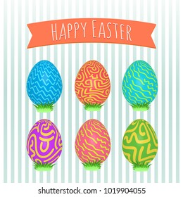 Easter eggs hand painted. Colorful holiday patterns. Realistic Easter eggs. 3D. Vector background. Spring holiday ornament.Decorative collection on  background. Vintage vector design illustration.
