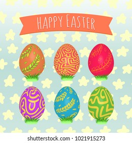 Easter eggs hand painted. Colorful holiday patterns. Realistic Easter eggs. 3D. Vector background. Spring holiday ornament.Decorative collection on  background. Vintage vector design illustration.
