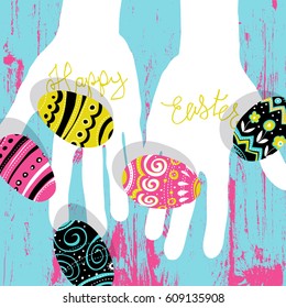 Huevos de Pascua en manos. Colores brillantes postal de Pascua. Caligrafía, tablero de madera. Ilustración vectorial.