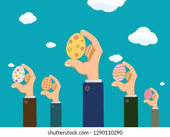 Easter eggs in the hands of people. Festive background with sky and clouds. Vector illustration