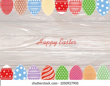 Easter eggs hang on a ribbon with bows. Greeting card or invitation for a holiday. Free space for text. Vector on wooden background