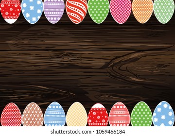 Easter eggs hang on a ribbon with bows. Greeting card or invitation for a holiday. Free space for text. Vector on wooden background