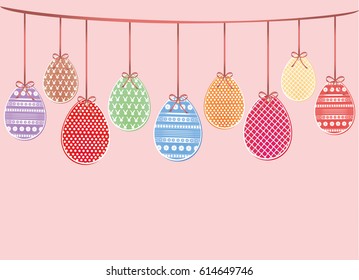 Easter eggs hang on a ribbon with bows. Greeting card or invitation for a holiday. Free space for text. Vector