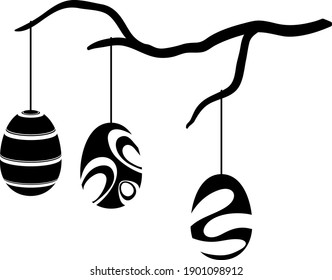 Easter Eggs Hanged On Tree Branch Icon. Black Glyph Design. Vector Illustration.