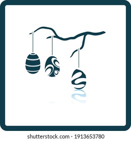 Easter Eggs Hanged On Tree Branch Icon. Square Shadow Reflection Design. Vector Illustration.