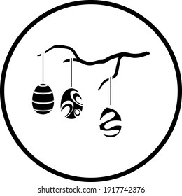 Easter Eggs Hanged On Tree Branch Icon. Thin Circle Stencil Design. Vector Illustration.