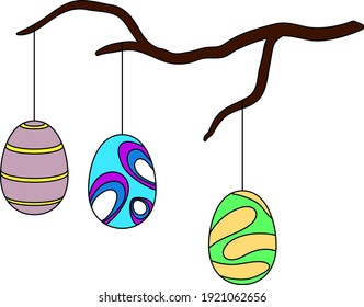 Easter Eggs Hanged On Tree Branch Icon. Editable Outline With Color Fill Design. Vector Illustration.