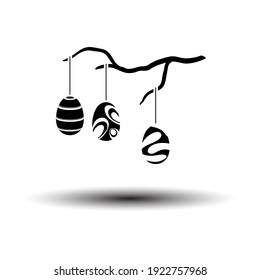 Easter Eggs Hanged On Tree Branch Icon. Black on White Background With Shadow. Vector Illustration.