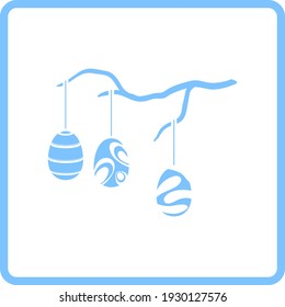 Easter Eggs Hanged On Tree Branch Icon. Blue Frame Design. Vector Illustration.