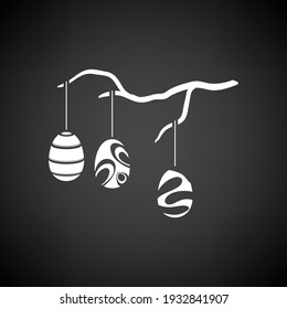 Ostereier hangen auf dem Baumzweig-Symbol. Weiß auf schwarzem Hintergrund. Vektorgrafik.