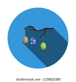Easter Eggs Hanged On Tree Branch Icon. Flat Circle Stencil Design With Long Shadow. Vector Illustration.