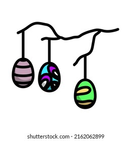 Easter Eggs Hanged On Tree Branch Icon. Editable Bold Outline With Color Fill Design. Vector Illustration.