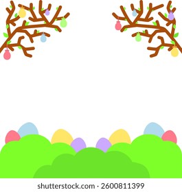 Easter Eggs Hanging in Branches and Hiding in Bushes Soft Colorful Cartoon Illustration Vector Frame Border