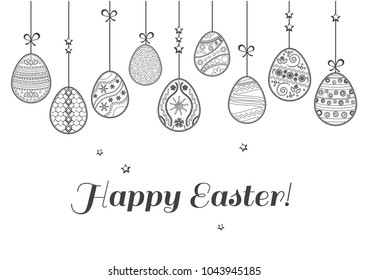 Easter eggs hanging. Celebratory card. Black outline design. Vector illustration