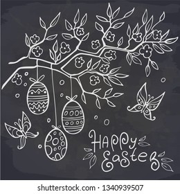 Easter eggs hanging on a branch, butterfly and lettering Happy Easter on chalkboard. Spring holiday card. Vector illustration. Perfect for greeting card, invitation, postcard, print.