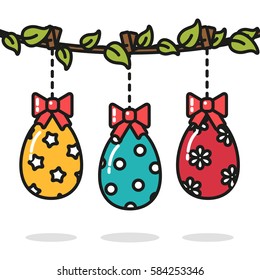 Easter eggs hanging on a branch, vector line colorful illustration