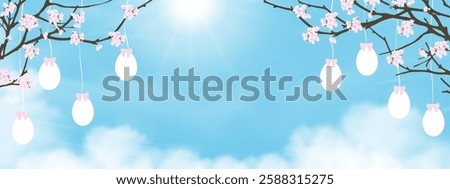 Easter eggs hanging on cherry tree with sun on sky blue,could  background,Happy Eater banner White Eggs and branches pink sakura flower,Vector cute cartoon for Holiday background