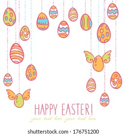 Easter eggs hanging on laces cartoon hand drawn postcard
