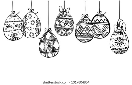 Easter eggs hanging on ribbons. Hand drawn outline ink vector sketch illustration. Eggs painted with folk ornament black on white background