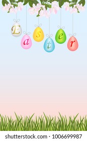 Easter eggs hanging on a string from the branch of a tree an Apple tree.Colored eggs with letters on the shell.Apple blossoms at the top of the card,bottom grass.Design element festive spring pattern