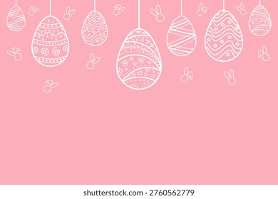Easter eggs hanging on string, line pattern. Egg with rabbit in flat hand drawn style on pastel color background.