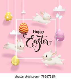 Easter eggs hanging on threads, white rabbits jumping around, square border and traditional holiday wish hand written with elegant calligraphic font against pink background. Vector illustration