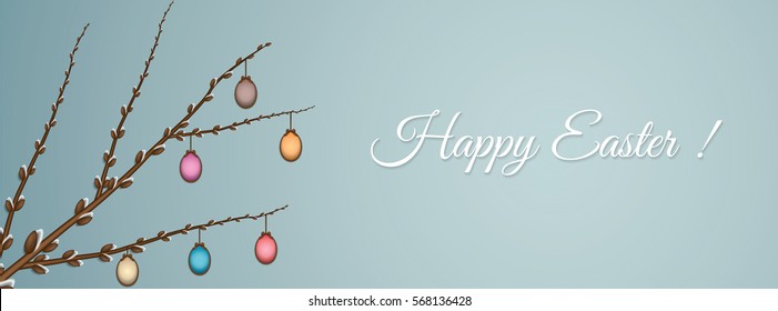 Easter eggs hanging on willow branch. Holiday banner