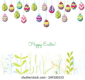 easter eggs hanging on the wire and florals background