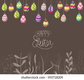 easter eggs hanging on the wire and florals background