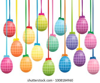 Easter eggs hanging as table decoration - colorful isolated background vector illustration on white background.