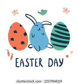Huevos de Pascua y lindo conejito feliz en ilustración vectorial de fondo blanco. Personaje de dibujos animados. Texto del día de la Pascua