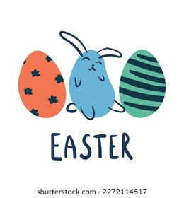 Easter eggs and happy cute bunny on white background vector illustration