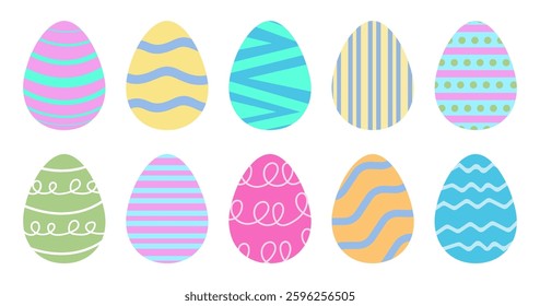 Easter Eggs. Happy Easter. Cute Eggs Drawing Clipart Icons. Spring Holiday Flat Oval Shape Elements. Clip art Collection in Colorful and Multicolored Paint art for Traditional Christian Сelebration