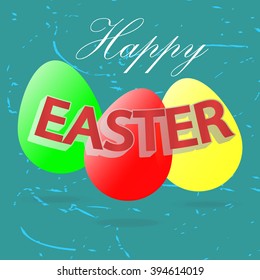 Easter eggs, Happy Easter, Design three glossy eggs with abstract holiday background, vector