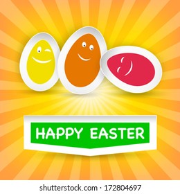 Easter Eggs and Happy Easter greeting on sun sunburst background. Vector illustration