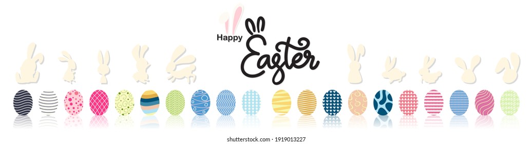 Easter eggs with Happy Easter Hand drawn calligraphy set in a variety of colors and patterns  ,isolated on white background ,Vector Illustration EPS 10